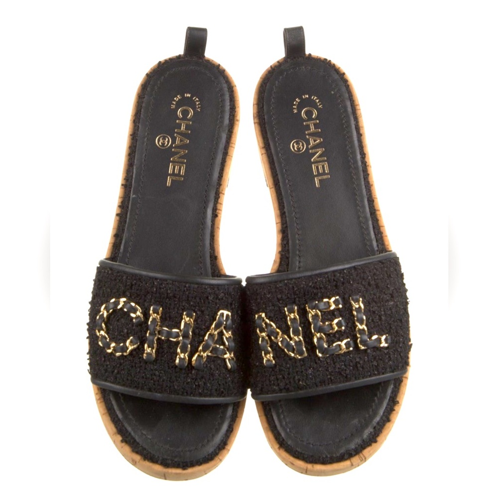 RARE Authentic Chanel Chain Link Accent Slides Mules Sandals Shoes size 42